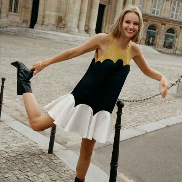 Maeve Dresses & Skirts - Anthropologie Maeve Scalloped Black, White, and Gold Mini Dress (NWT)